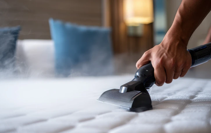 Eine Matratze wird mit einem Dampfstahler behandelt