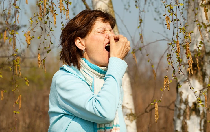 Anwendungsgebiete Birkenpollenallergie Eine weibliche Person in der Natur hält sich die Nase