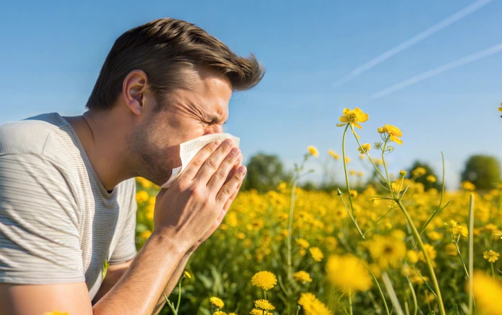 Anwendungsgebiete Hilfe bei Pollenallergie Eine männliche Person putzt sich auf einer blühenden Wiese die Nase