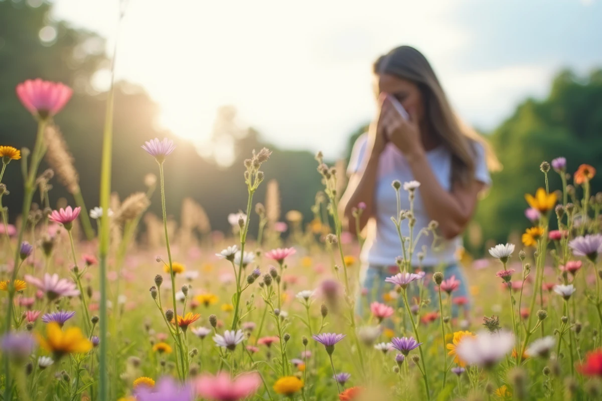 Anwendungsgebiete Nasenspray bei Pollenallergie Eine weibliche Person auf einer Blumenwiese putzt sich die Nase
