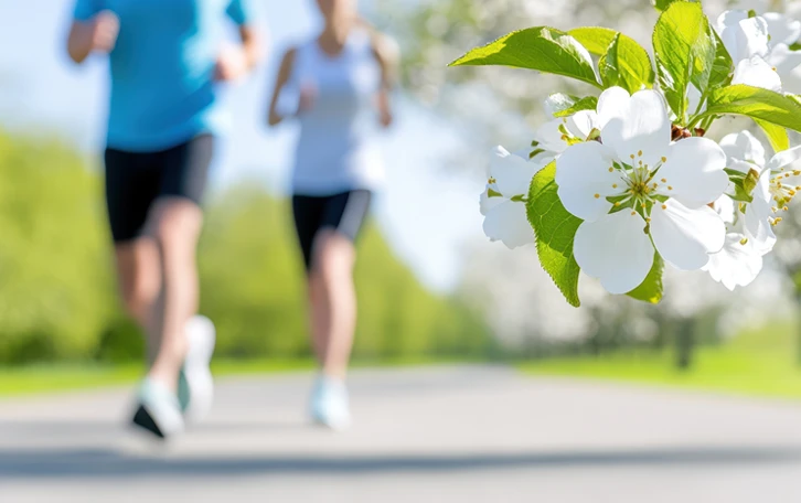 Anwendungsgebiete Sport und Pollenallergie Eine weiße Blüte im Vordergrund vor Läufern