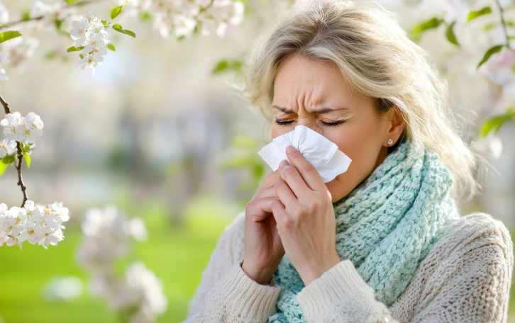 Anwendungsgebiete Tipps bei Pollenallergie Eine weibliche Person mit Taschentuch vor der Nase beim putzen in der Natur