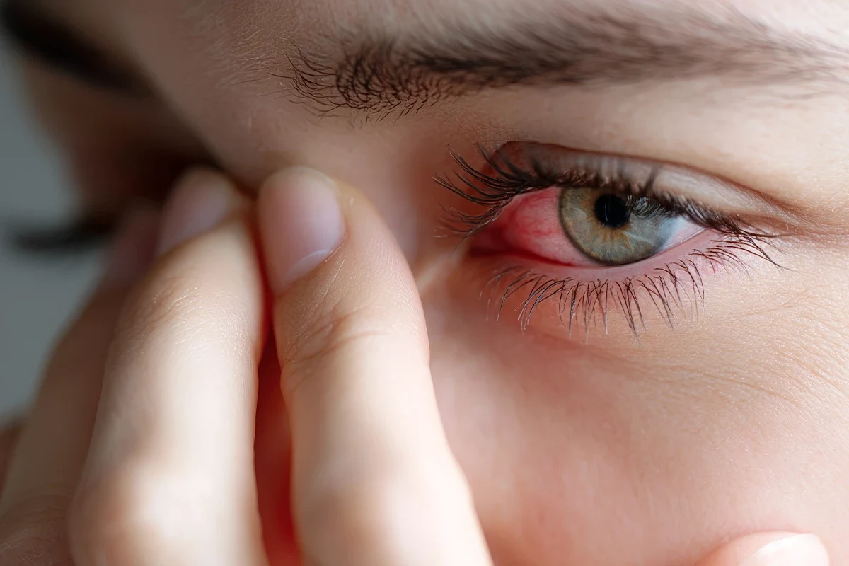 Augenbeschwerden Juckreiz Rötung Tränenfluss Nahaufnahme eines geröteten Auges mit Fingern in der Nähe