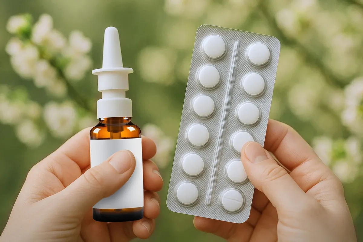 In einer Hand ist ein Nasenspray, in der anderen Hand ein Tabletten Blister