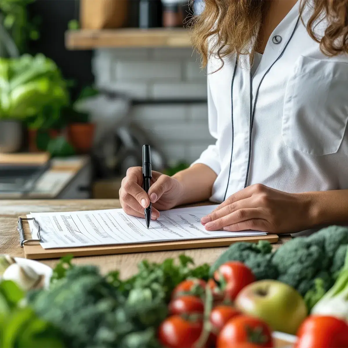 Behandlungsmöglichkeiten Allergie Ernährung Eine weibliche Person mit Klemmbrett vor sich auf dem Tisch. Im Vordergrund sind diverse Obst- & Gemüsesorten