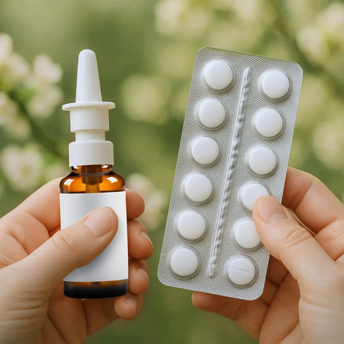 Behandlungsmöglichkeiten bei Pollenallergie In einer Hand ist ein Nasenspray, in der anderen Hand ein Tabletten Blister