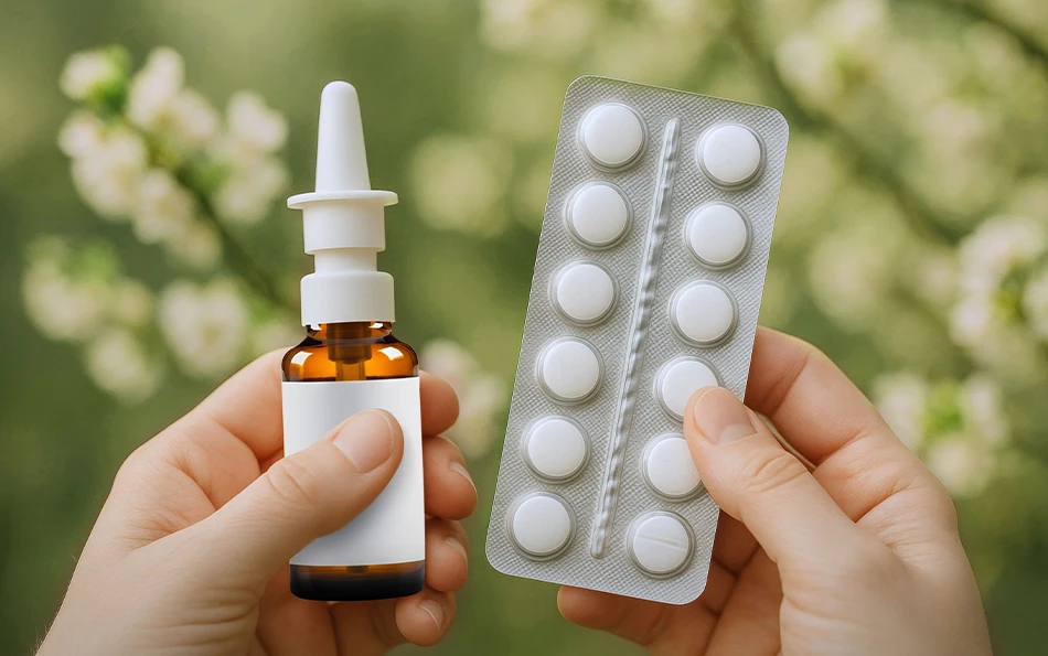 Behandlungsmöglichkeiten Medikamentoese Therapien In einer Hand ist ein Nasenspray, in der anderen Hand ein Tabletten Blister