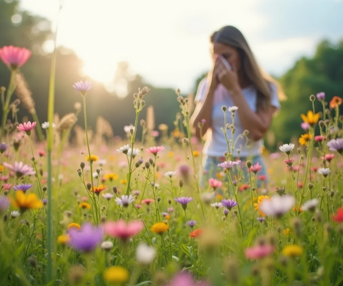 Eine weibliche Person auf einer Blumenwiese putzt sich die Nase