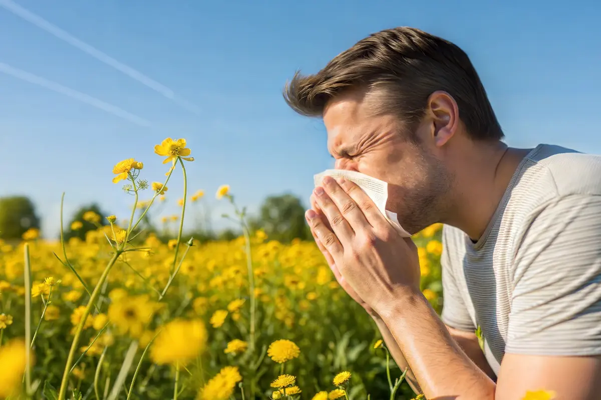Duo Wirkung bei starken Heuschnupfen Eine männliche Person auf einer blühenden Wiese putzt sich die Nase