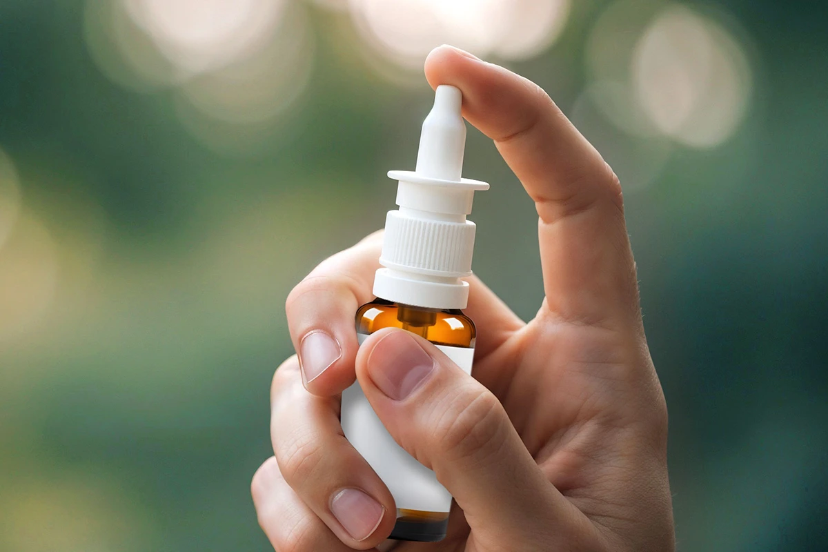 Duoallerg Anwenden je ein SprĂĽhstoss Ein Nasenspray in einer Hand