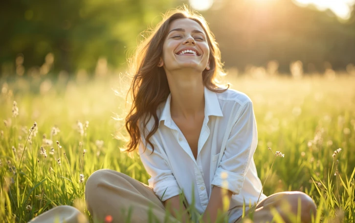 Eine auf einer Blümenwiese lachende im Schneidersitz sitzende weibliche Person
