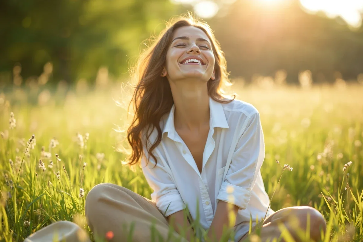 Eine auf einer Blümenwiese lachende im Schneidersitz sitzende weibliche Person