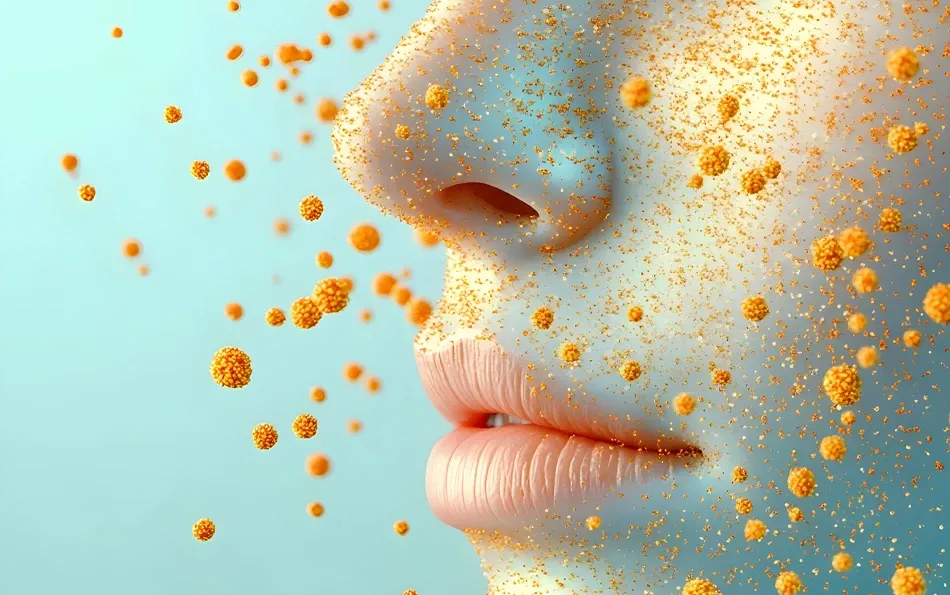 Schematische Darstellung von Pollen um ein Gesicht herum