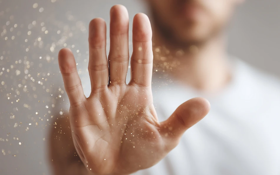 Ein ausgestreckter Arm mit erhobener Hand als Stop zeichen vor Pollen