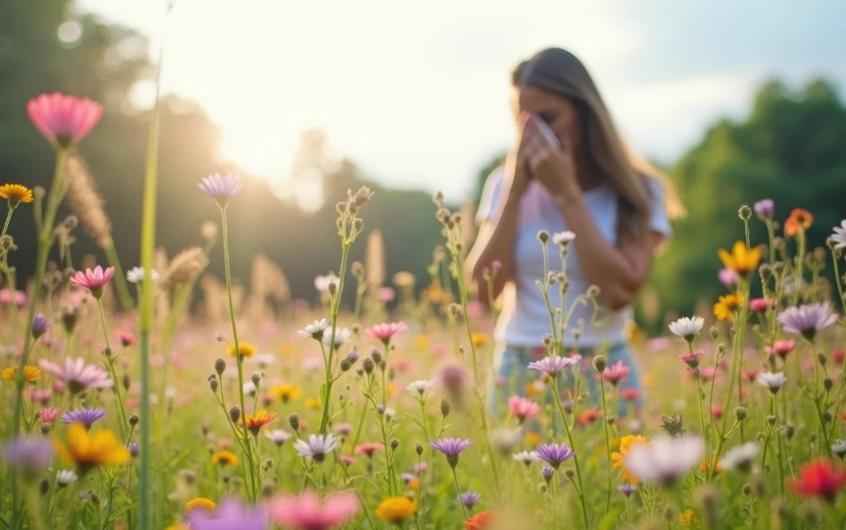 Eine weibliche Person auf einer Blumenwiese putzt sich die Nase