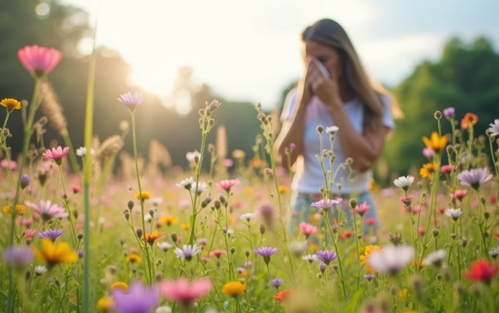 Heuschnupfen Anwendungsgebiete Pollenallergie Eine weibliche Person auf einer Blumenwiese putzt sich die Nase