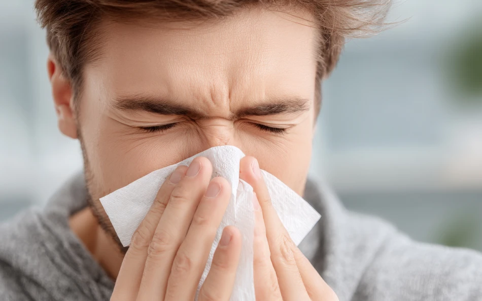 Eine männliche Person putzt sich die Nase