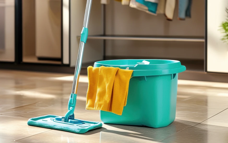 Putzutensilien vor einer Gardrobe