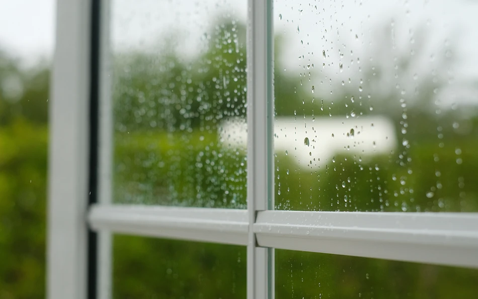 Massnahmen zur Reduktion der Pollenbelastung Regentropfen an einem Fenster mit grĂĽner Natur im Hintergrund