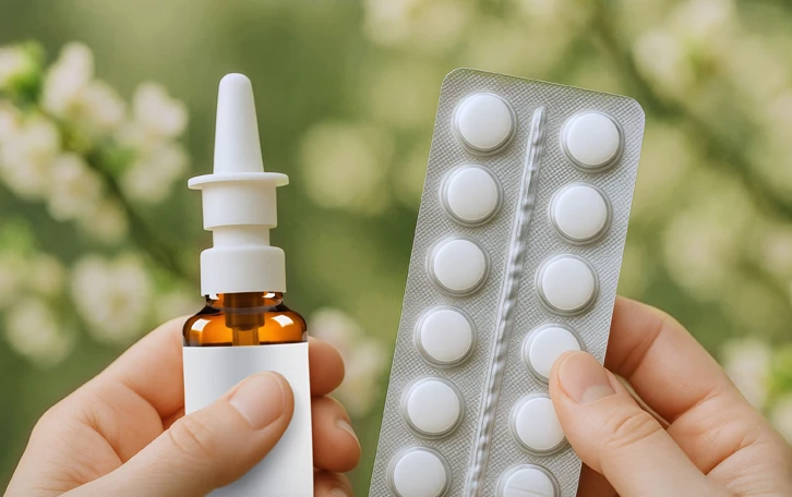 Medikamentoese Therapie Antihistaminika In einer Hand ist ein Nasenspray, in der anderen Hand ein Tabletten Blister