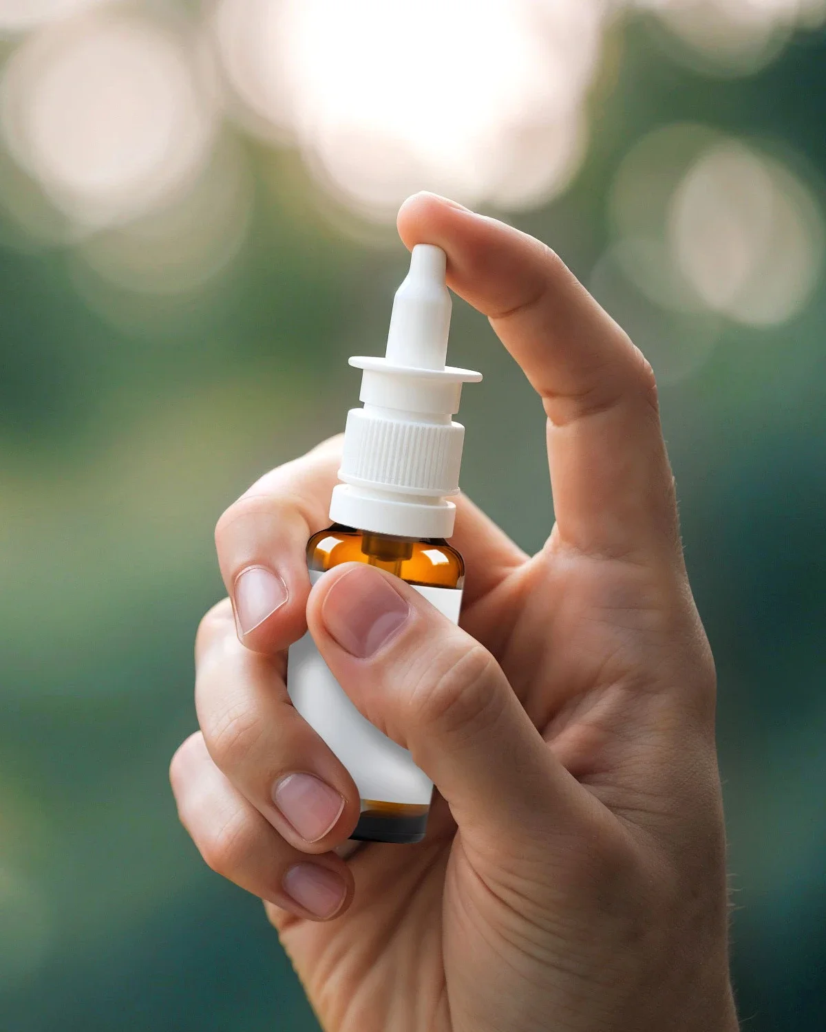 Nasenspray Vorteile der lokalen Therapie Ein Nasenspray in einer Hand