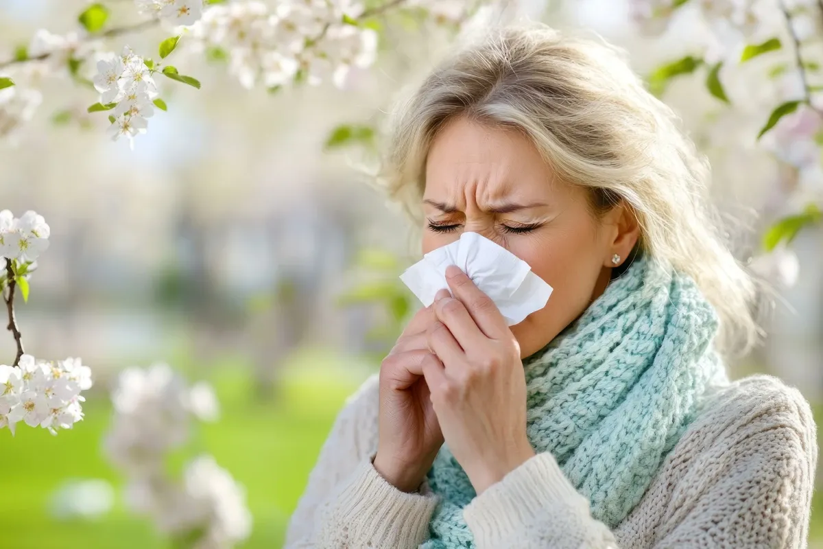 Pollenallergie Tipps gegen Niesen Juckreiz Eine weibliche Person mit Taschentuch vor der Nase beim putzen in der Natur