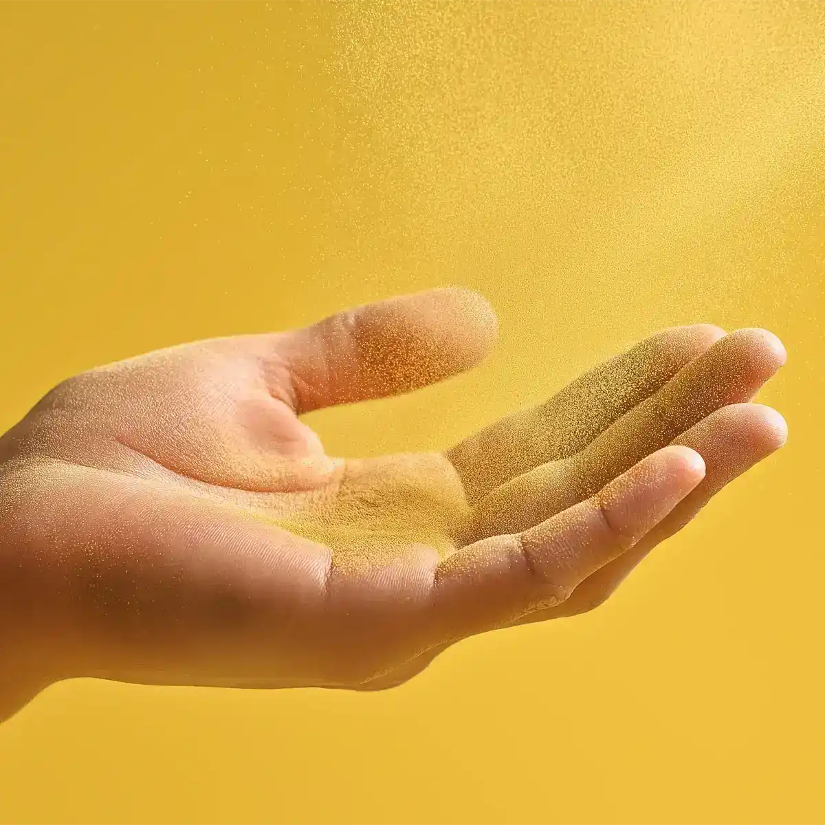 Eine geöffnete Hand mit gelben Partikeln drum herum
