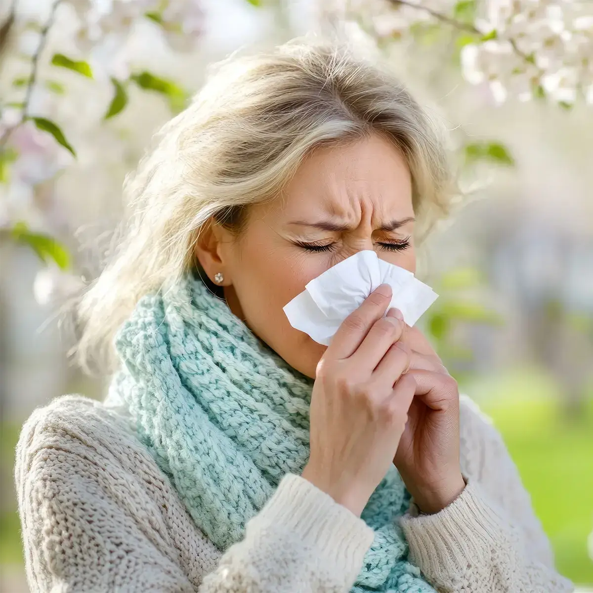 Schnelle Hilfe allergischer Schnupfen Augenbeschwerden Eine weibliche Person unter einem Strauch putzt sich die Nase