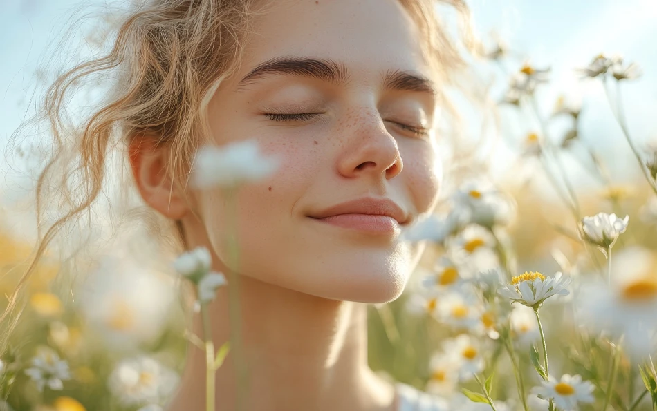 Nahaufnahme eines Gesichts einer weiblichen Person auf einer Blumenwiese