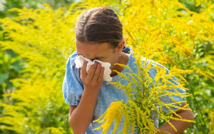 Eine weibliche Person auf einer blühenden Wiese putzt sich die Nase