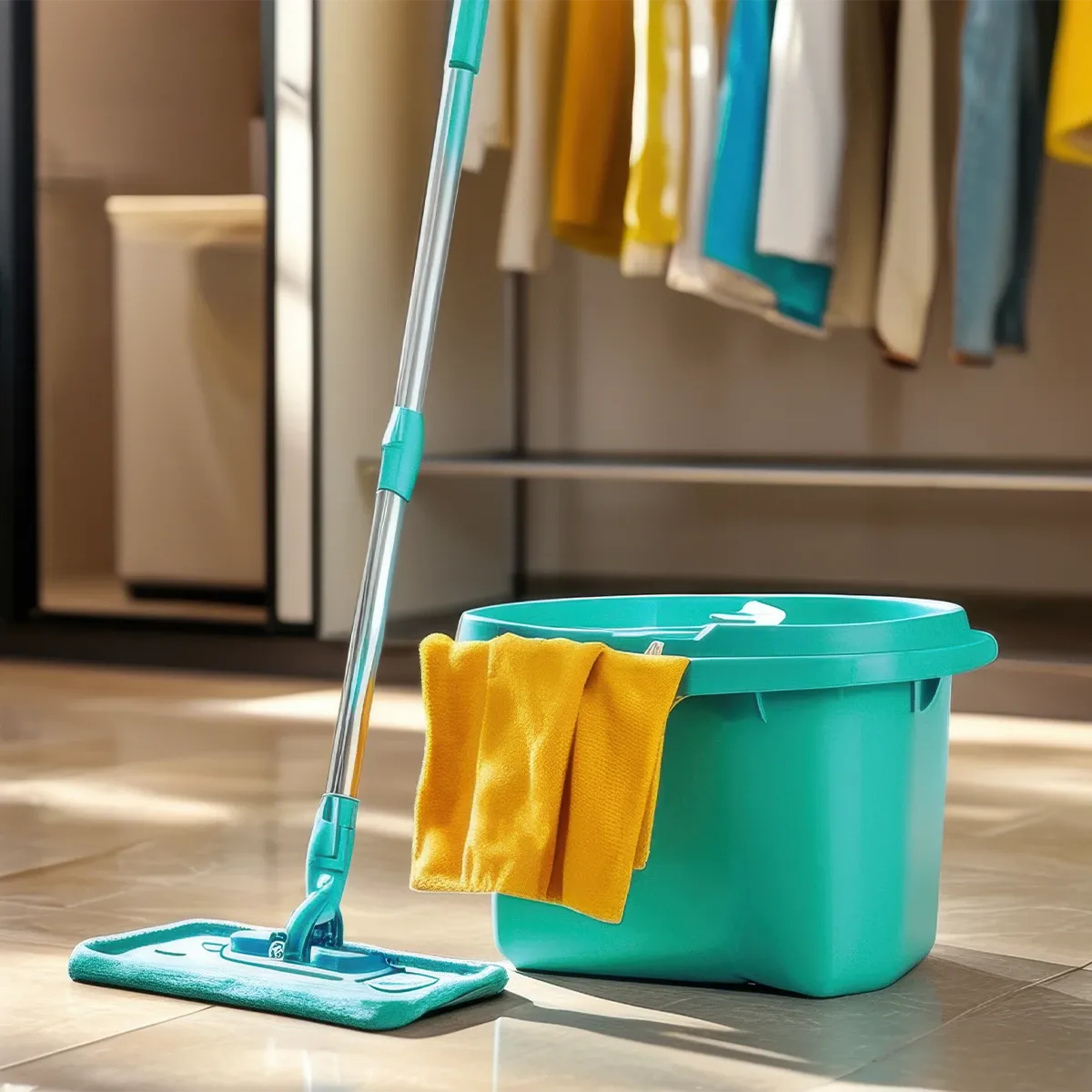 Putzutensilien vor einer Gardrobe