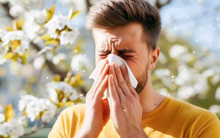 Eine männliche Person vor einem blühenden Strauch putzt sich die Nase