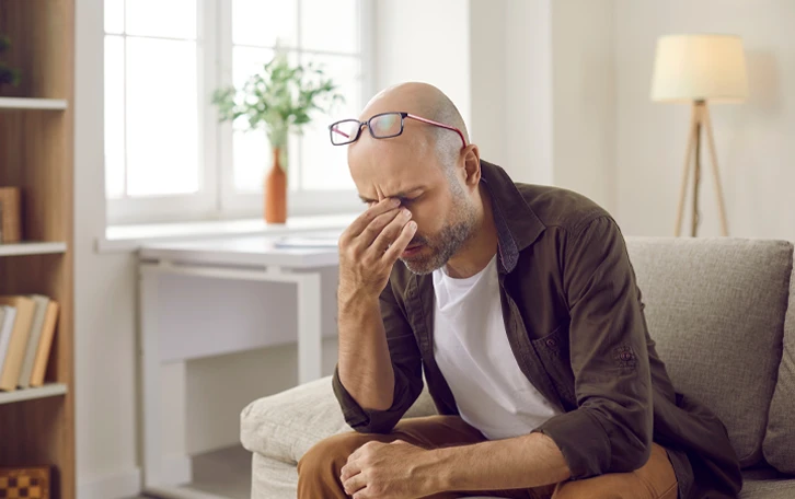 Eine sitzende männliche Person hält sich die Nase. Die Brille ist auf der Stirn