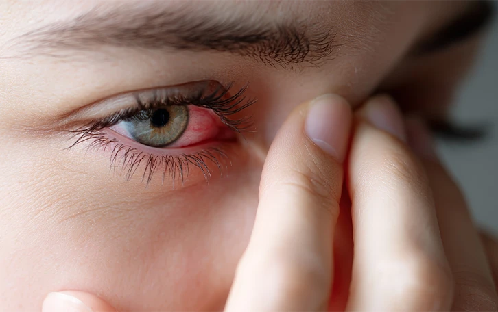 Nahaufnahme eines geröteten Auges mit Fingers am Nasenrücken