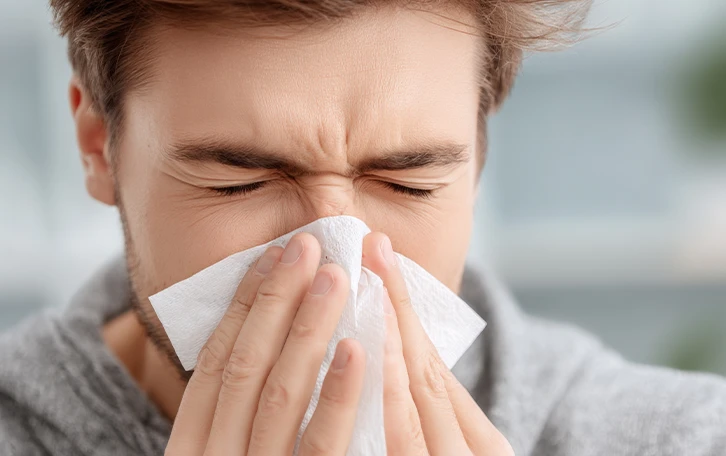 Typisches Symptom Pollenallergie laufende Nase Eine männliche Person putzt sich die Nase