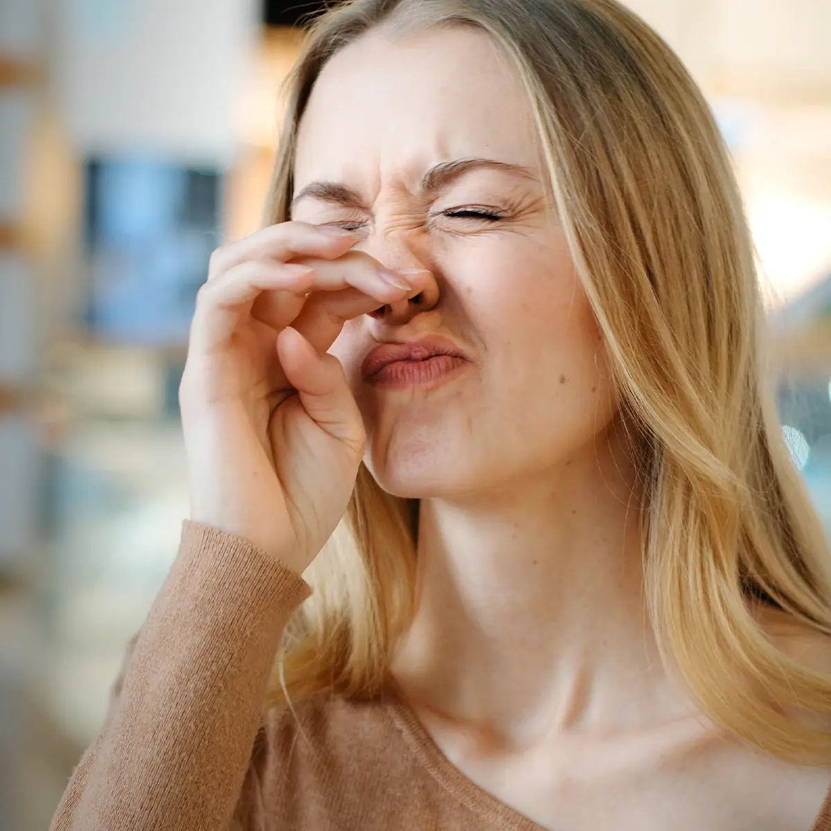 Wirksame Behandlung bei allergischen Schnupfen Eine weibliche Person mit geschlossenen Augen und verzogenem Gesicht reibt sich die Nase