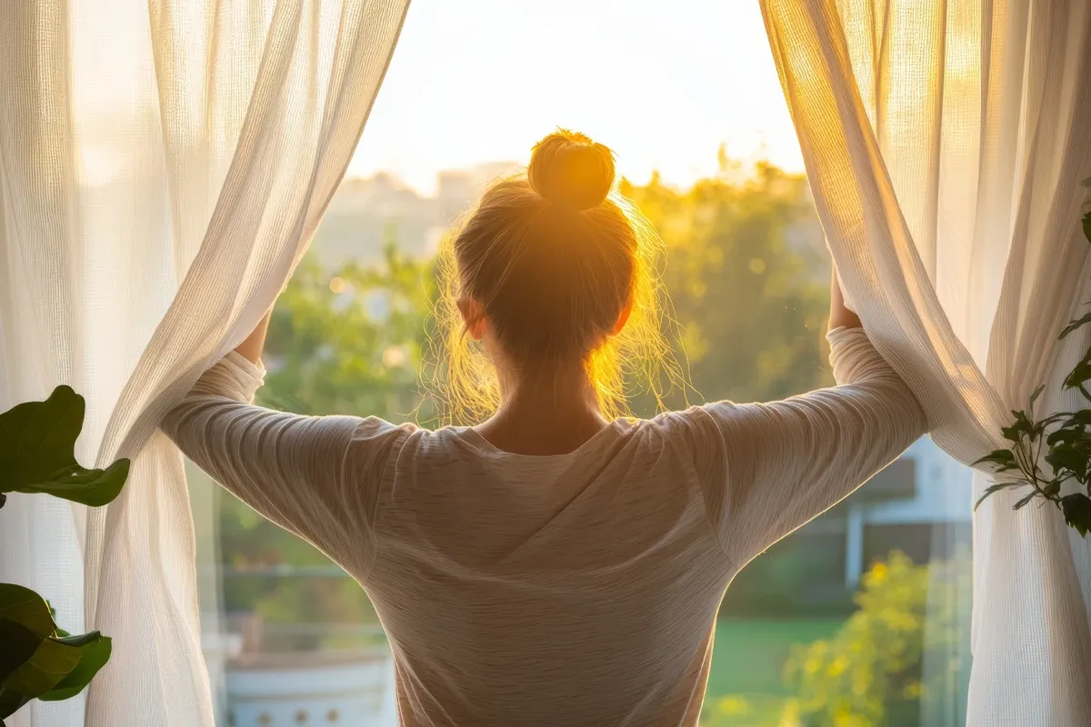 Eine weibliche Person hält die Voränge eines Fensters zu den Seiten und schaut aus diesem heraus